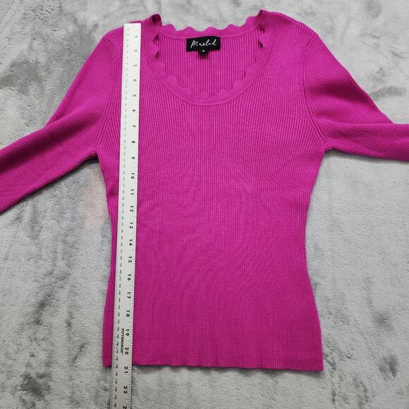 Marled Sweater Womens S Pink Scalloped Scoop Neck Ribbed Stretch Knit Pullover - Picture 9 of 10